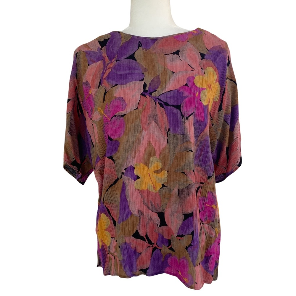 Vintage Floral Crepe Short Sleeve Top Blouse